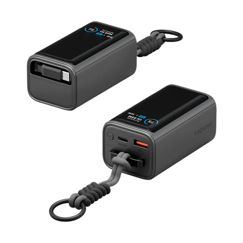 Black Energea 45W smart power bank with retractable USB-C cable and digital display