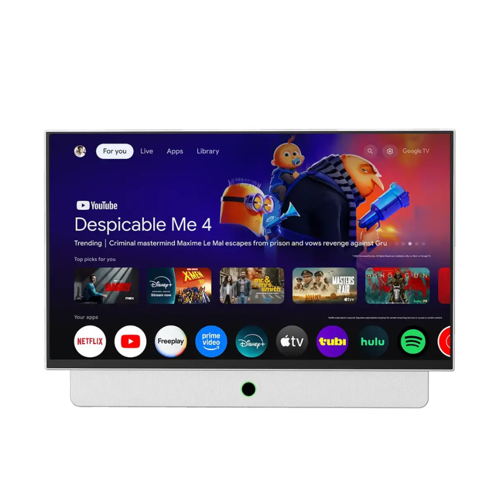 White Powerology portable FHD smart TV showing Android 14 interface with Netflix and YouTube apps