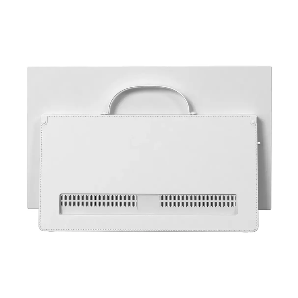 Back view of white portable TV featuring built-in handle, ventilation grilles, and faux-leather texture