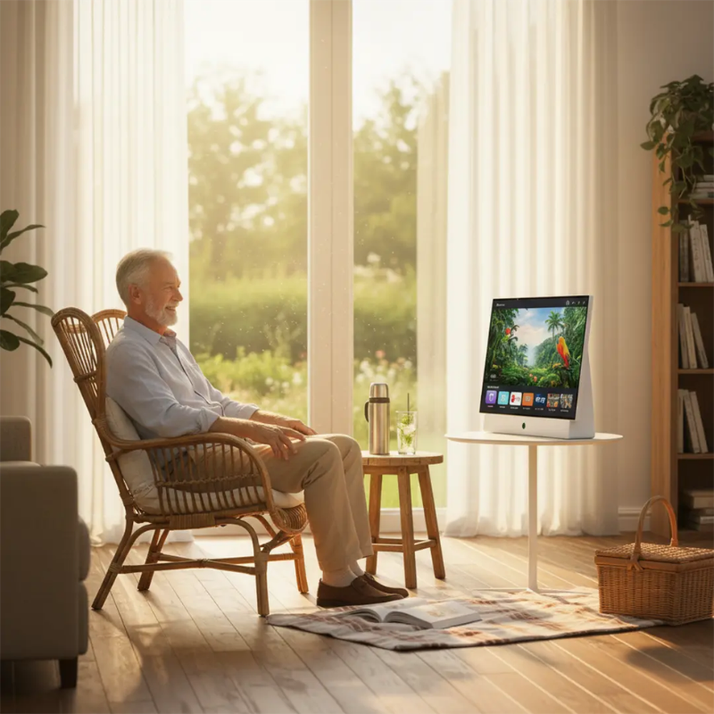 Man relaxing in rattan chair watching nature scene on white portable TV indoors
