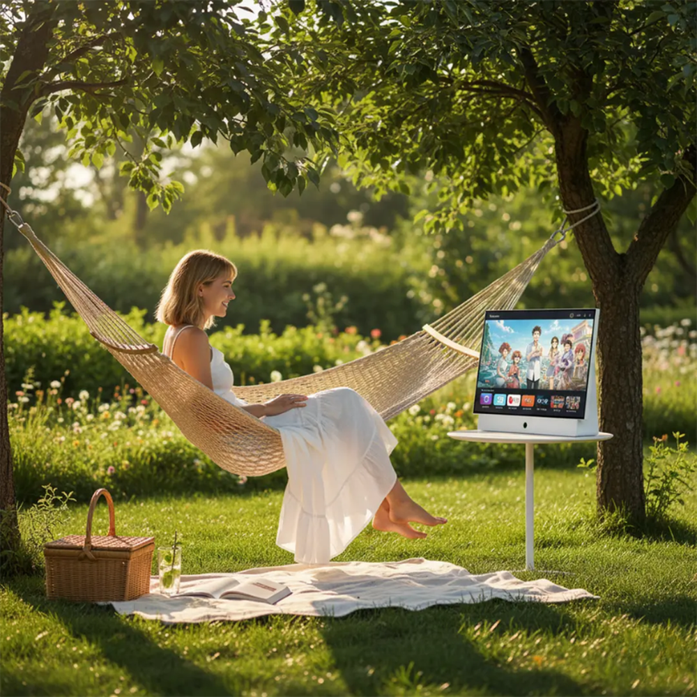 Woman lounging in hammock outdoors viewing anime on portable TV with picnic setup