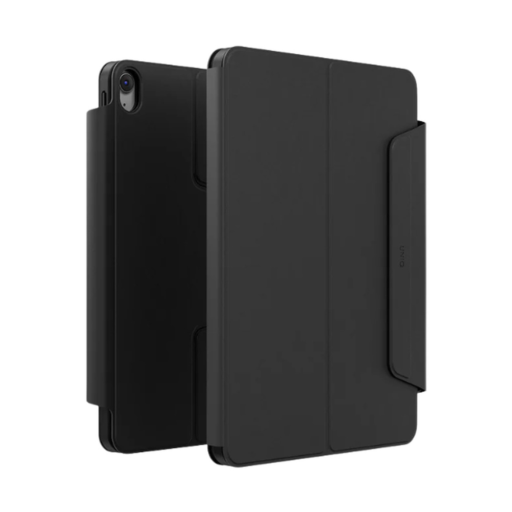 Black Uniq iPad Air 13 magnetic case showing camera cutout and embossed logo