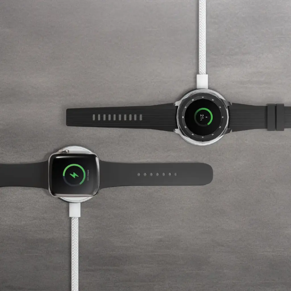 Porodo magnetic watch charger charging Apple Watch and Samsung Galaxy with cotton-braided cable