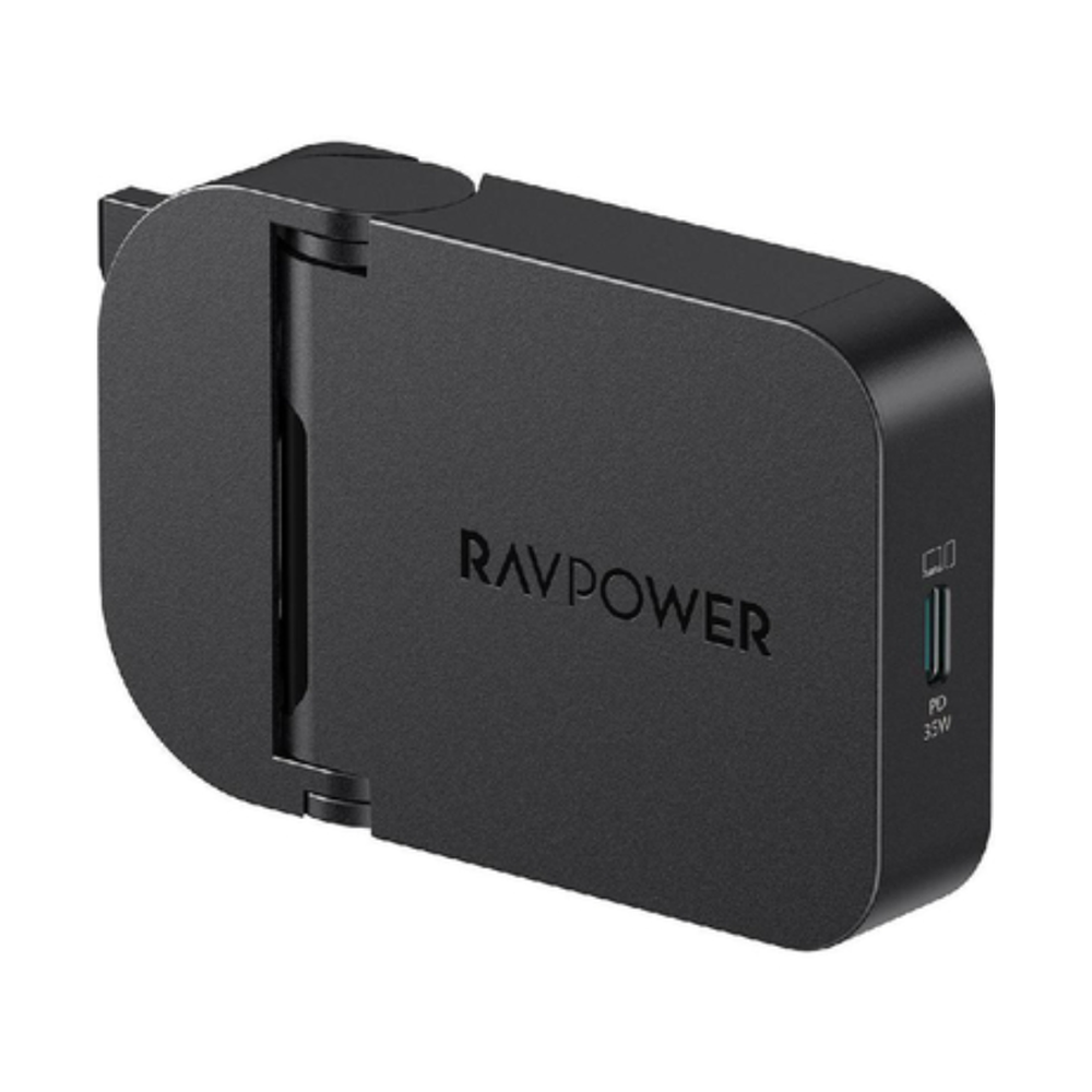RAVPower 35W GaN wall charger showing folded UK plug and PD 35W label