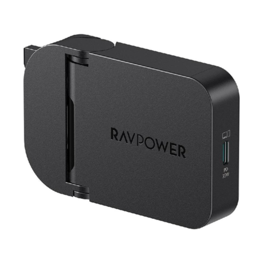 RAVPower 35W GaN wall charger showing folded UK plug and PD 35W label