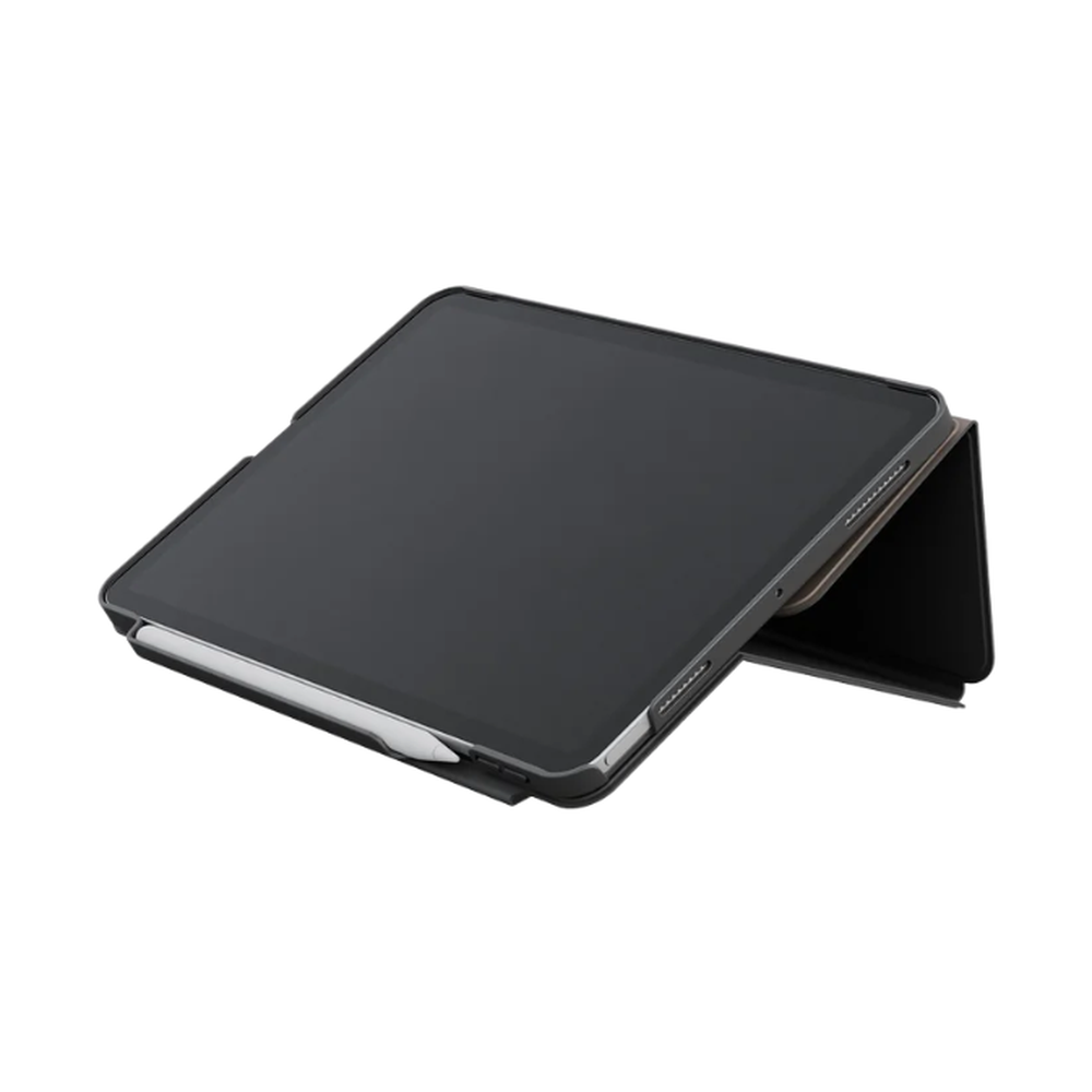 Uniq iPad Air 13 black case folded into landscape viewing angle with stylus