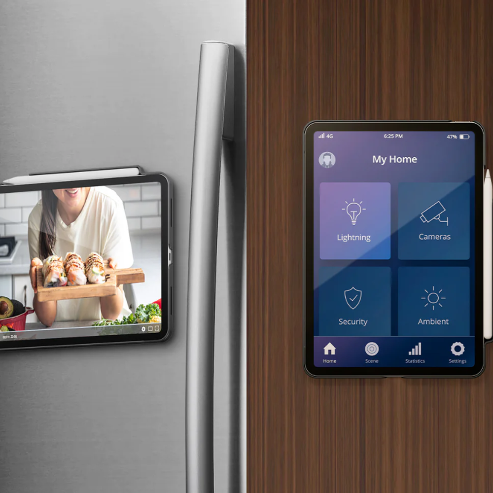 iPad Air 13 magnetic case mounted on refrigerator and wall for home use