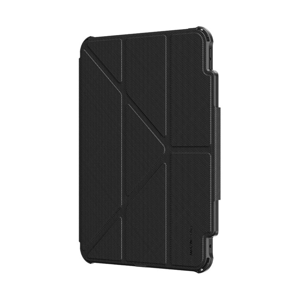 Angled side profile of Wolf Store black iPad Pro case with structured panel design