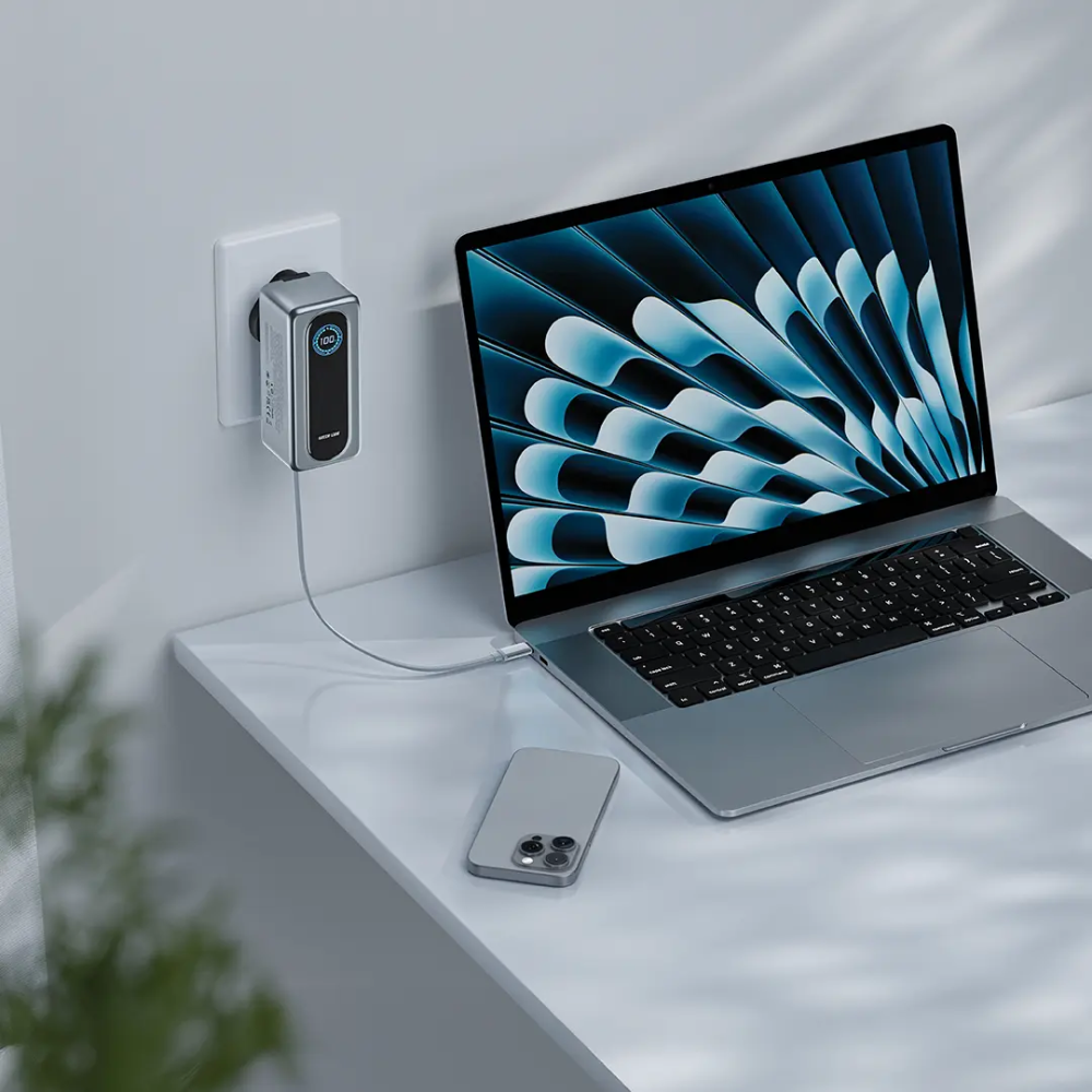 Green Lion 67W power bank charging laptop with retractable USB-C cable and TFT display