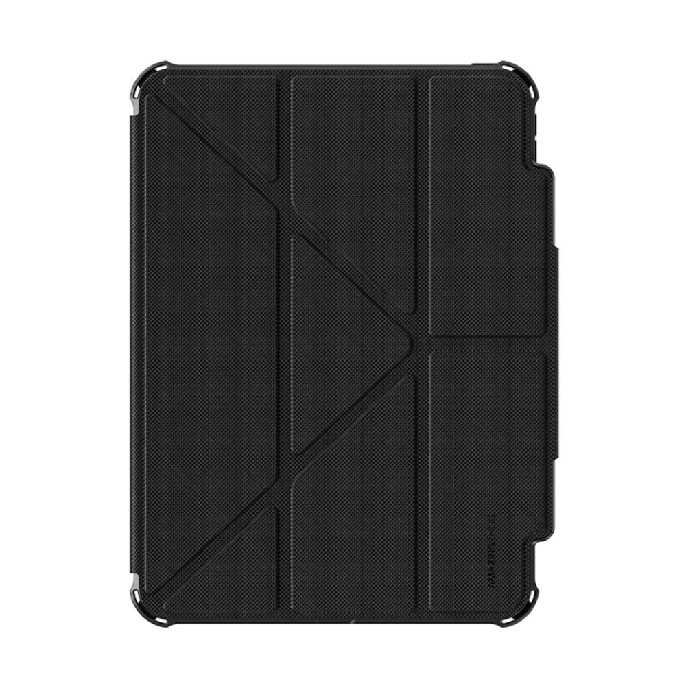 Black geometric textured iPad Pro case with reinforced corners and origami stand