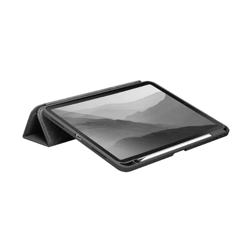 iPad Pro in dark gray case using Y-fold stand with built-in Apple Pencil holder