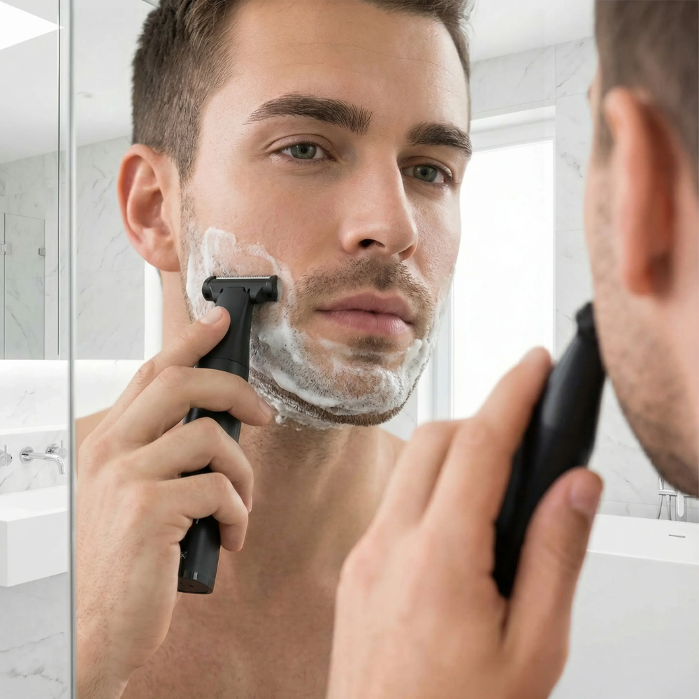 Man using black Porodo trimmer for beard grooming in bathroom