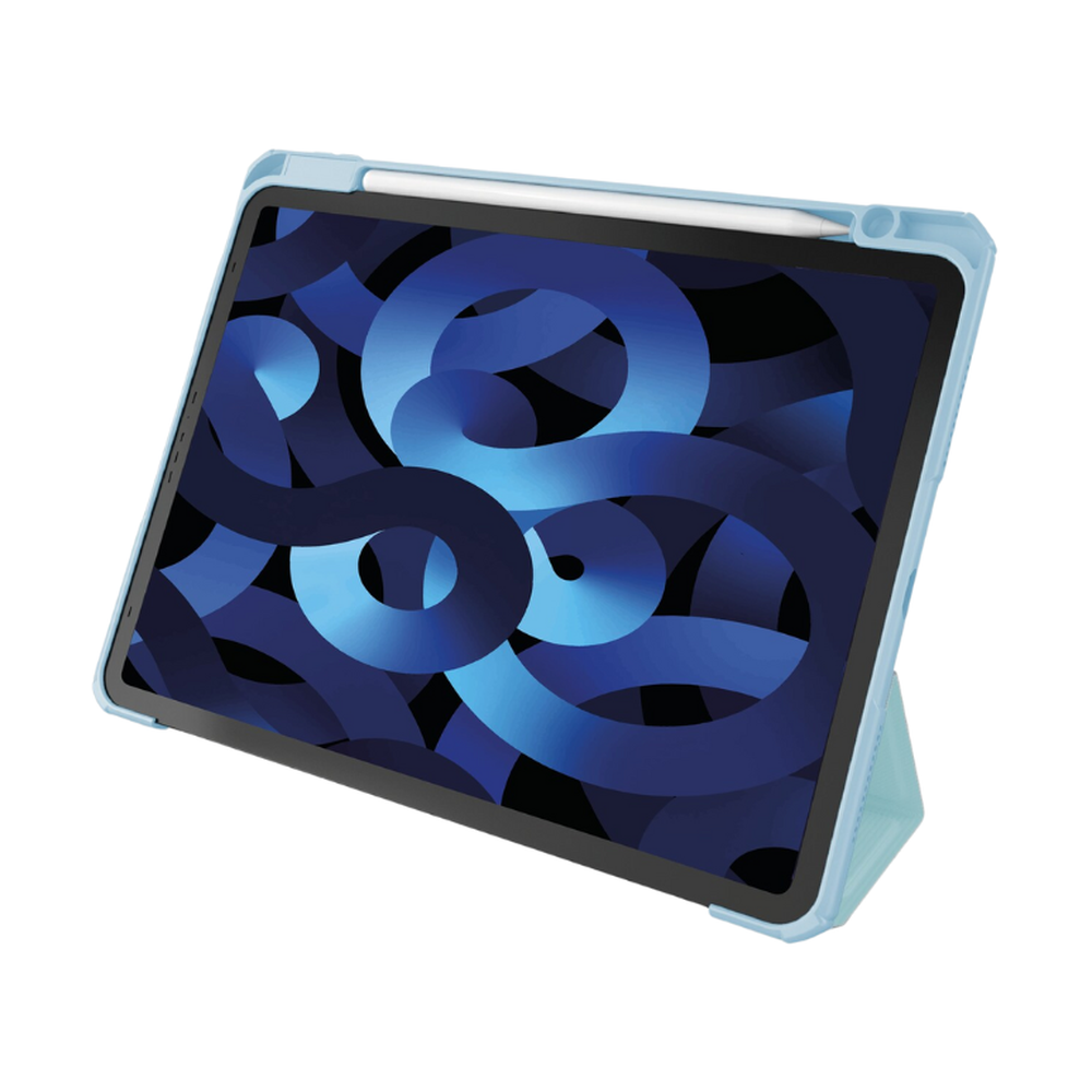 Light blue iPad Air case with integrated stand and top stylus slot holding white pencil