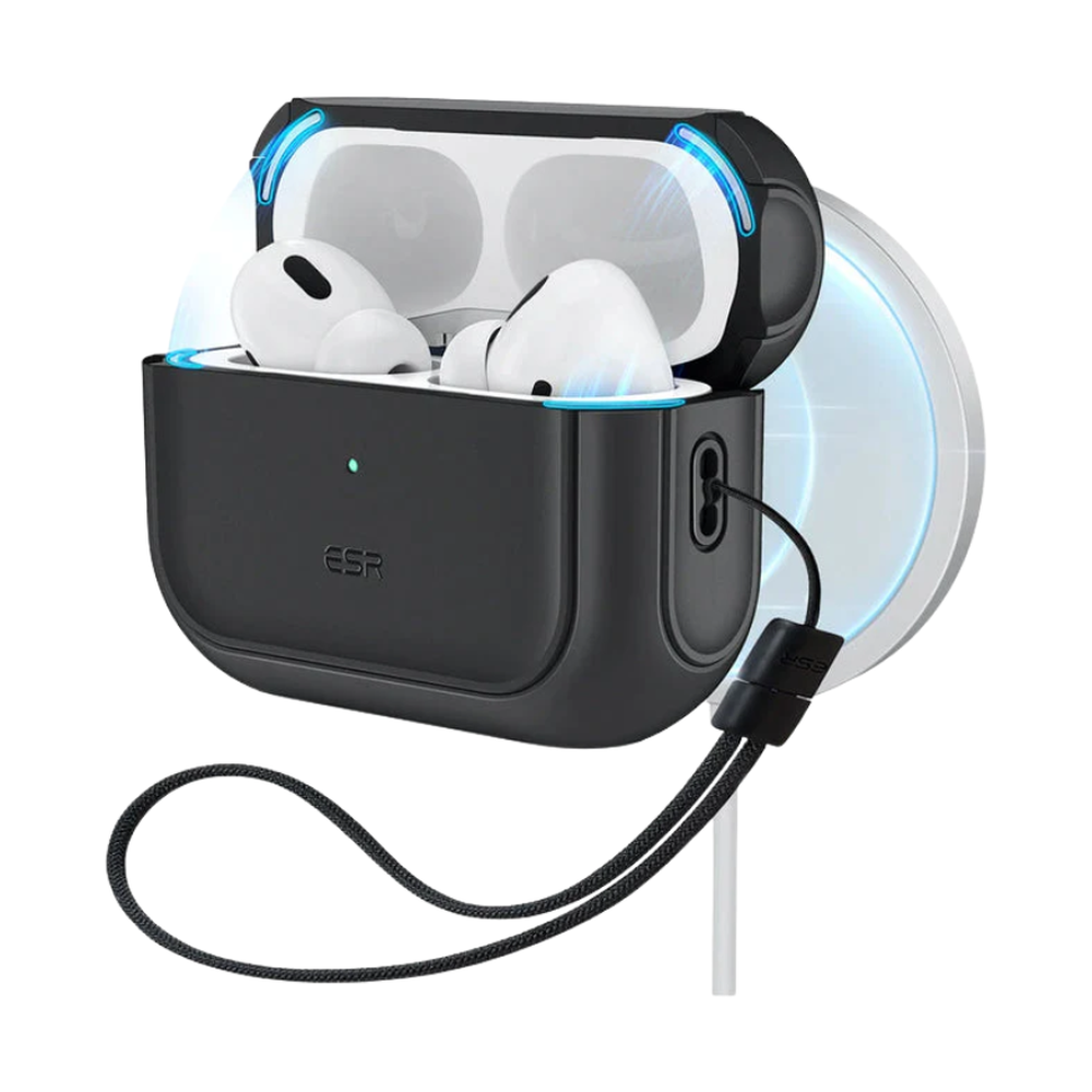 Black ESR AirPods Pro 3 magnetic case with braided strap and blue lighting