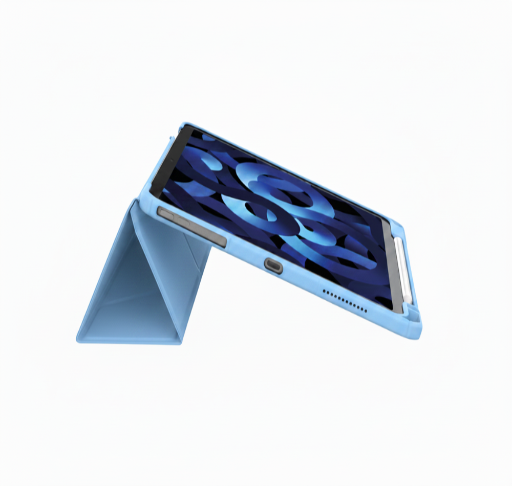 Blue tablet case in stand mode displaying foldable back panel and speaker grilles