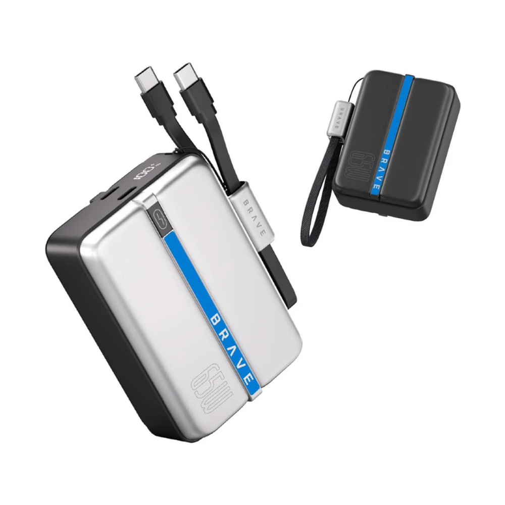 Brave 65W PowerBank comparison silver and black models with wrist strap