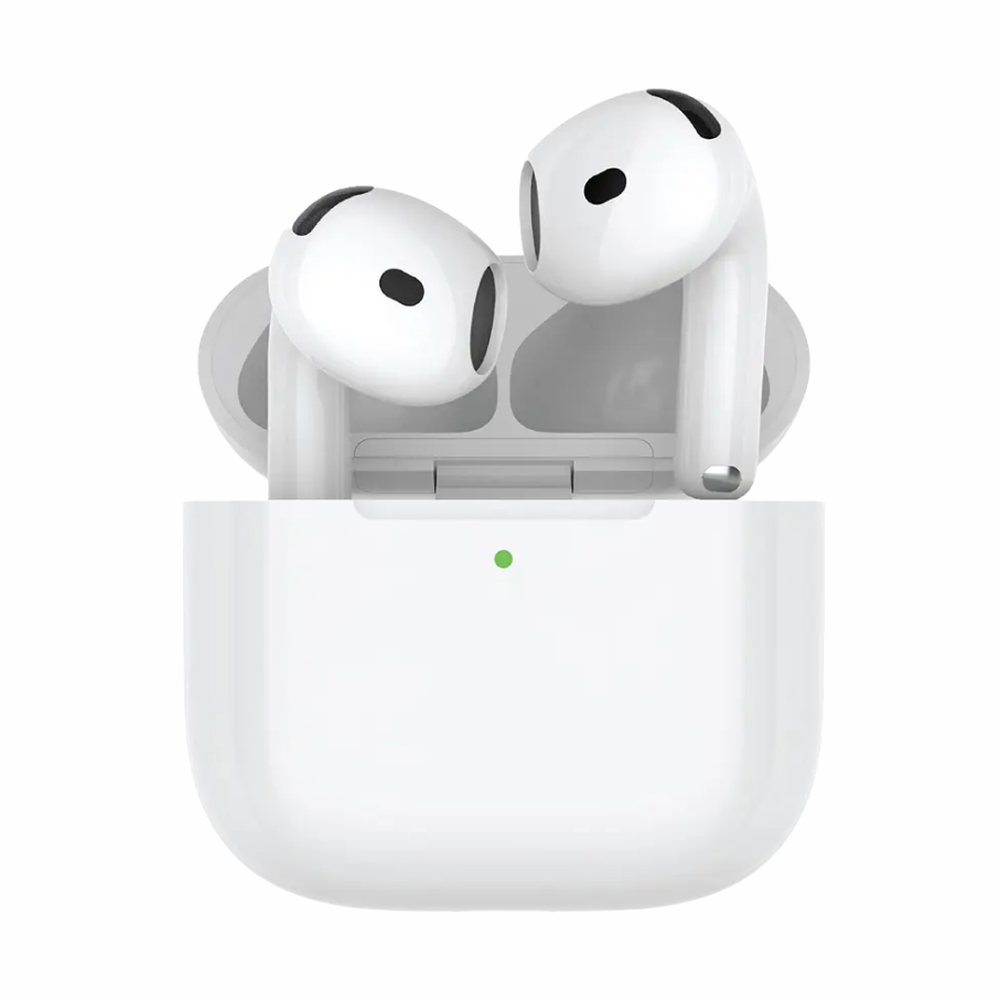 Close-up of white Porodo Soundtec Gen 4 earbuds showing stem sensors and glossy finish