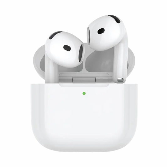 Close-up of white Porodo Soundtec Gen 4 earbuds showing stem sensors and glossy finish