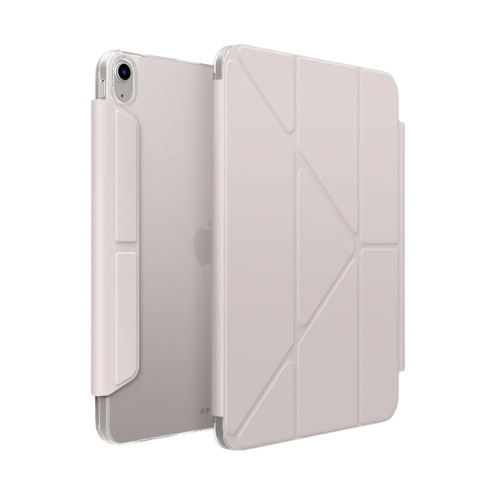 Beige Uniq iPad Air 13 minimalist folio case with geometric Y-fold design