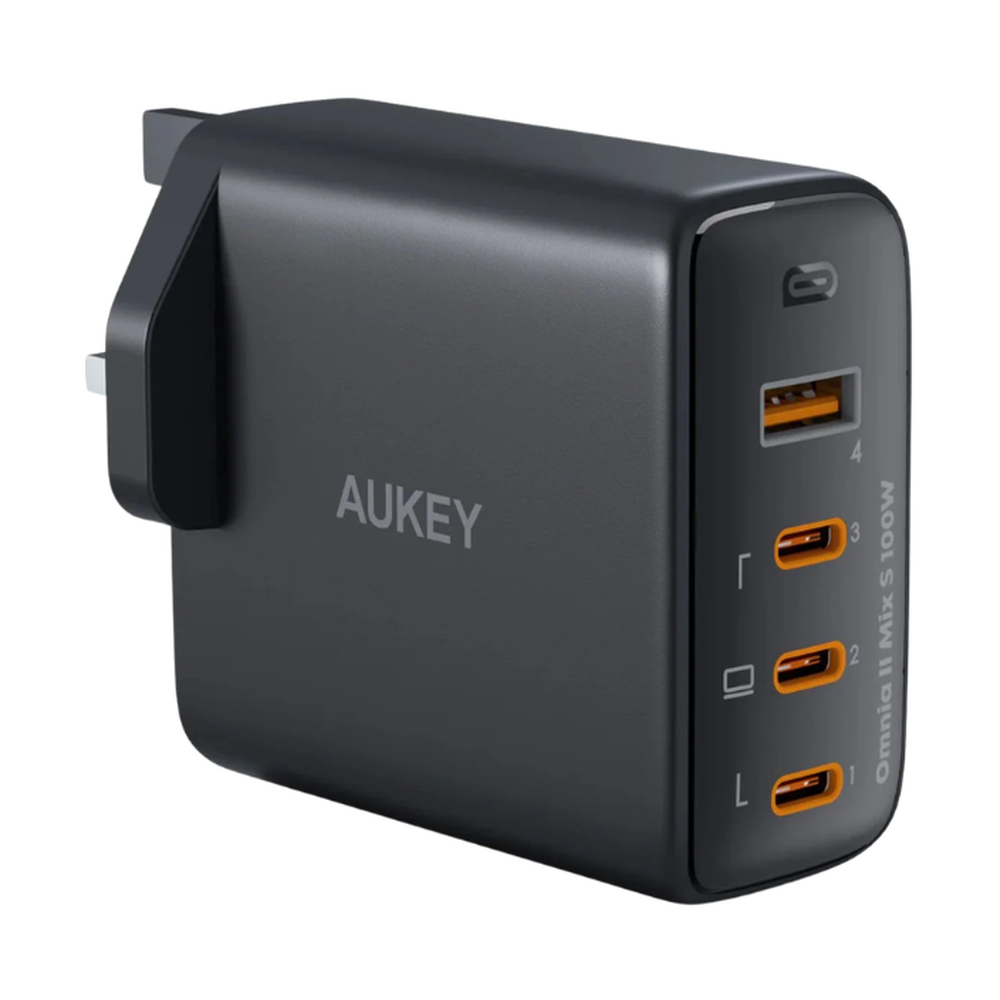 Aukey 100W GaN wall charger with four ports and UK plug