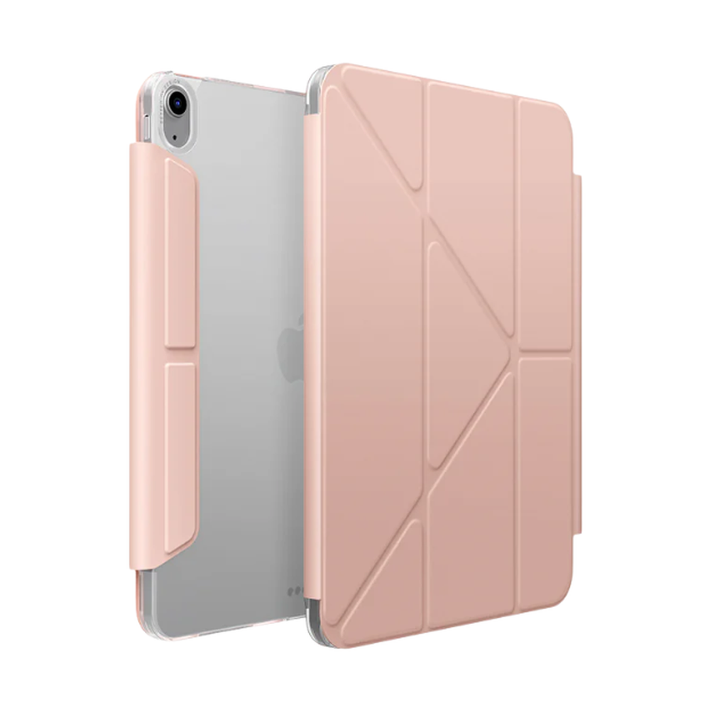 Matte rose gold minimalist iPad Air case with geometric creases and clear back
