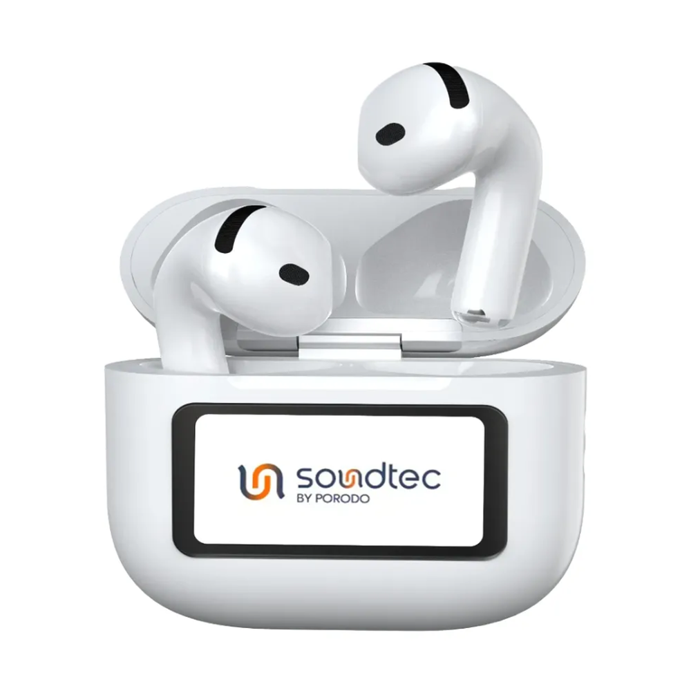 White Porodo Soundtec charging case with touch display and logo