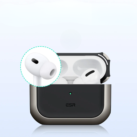 Black and silver ESR AirPods Pro 3 case highlighting earbud stem detail