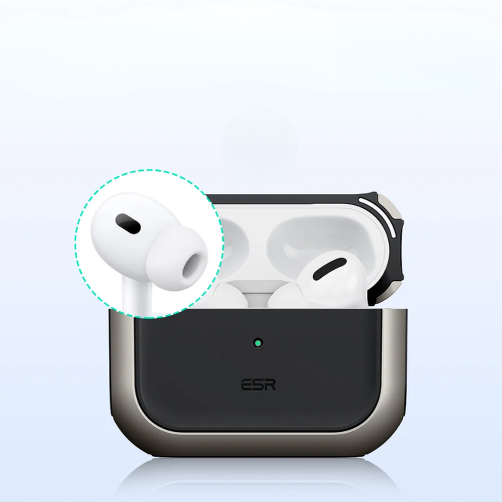 Black and silver ESR AirPods Pro 3 case highlighting earbud stem detail