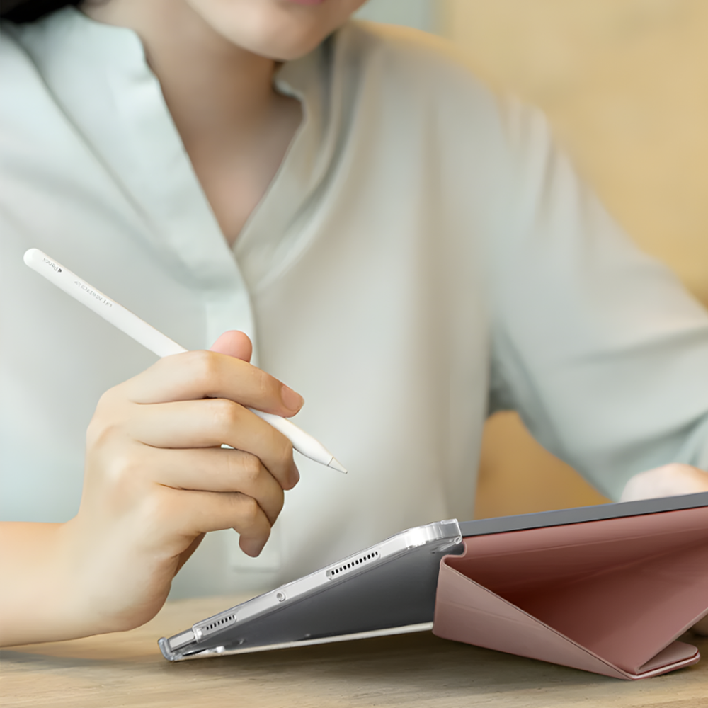 Rose gold iPad Air 11 case with Y-fold stand and stylus holder in use