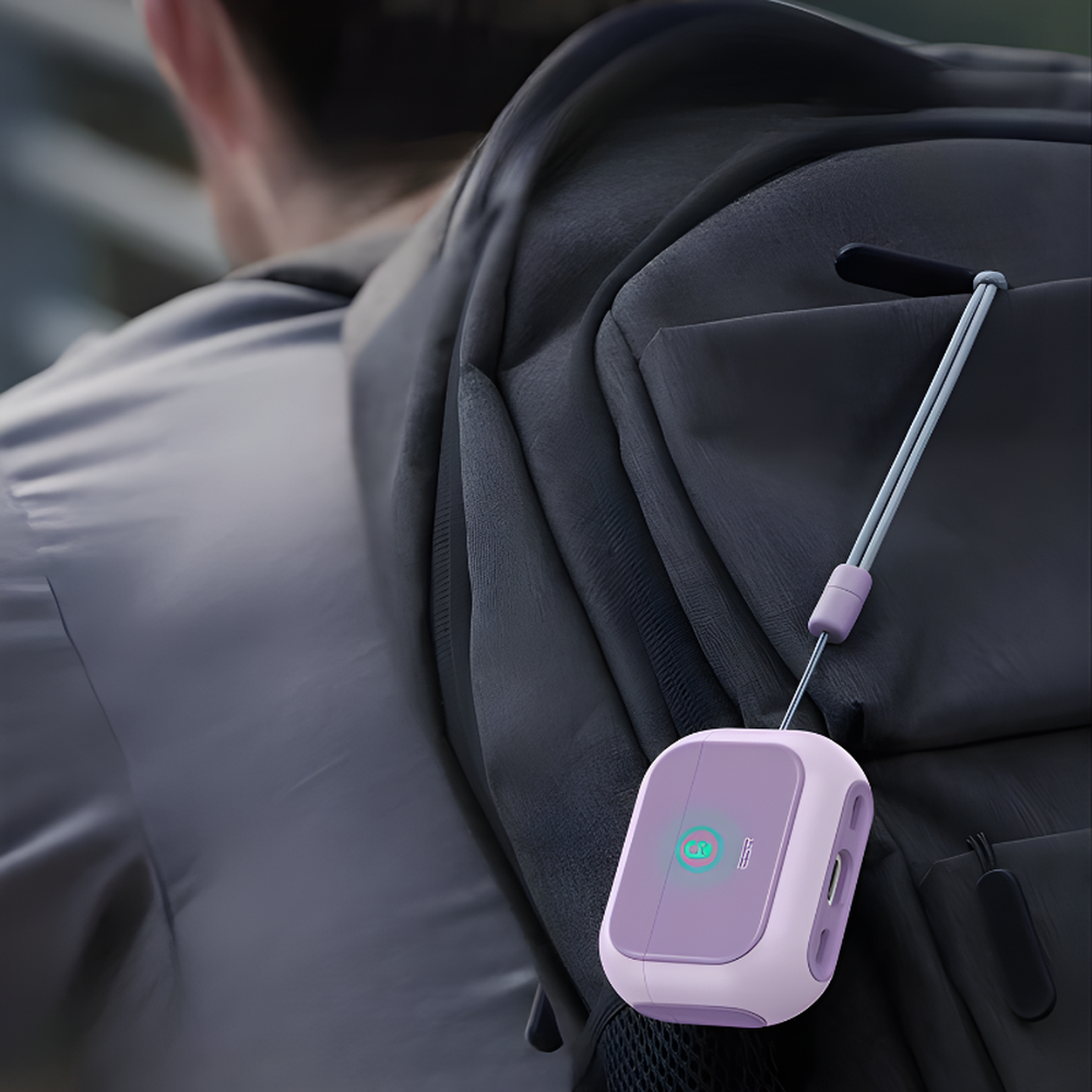 Lavender ESR AirPods Pro 3 case hanging from backpack strap for travel