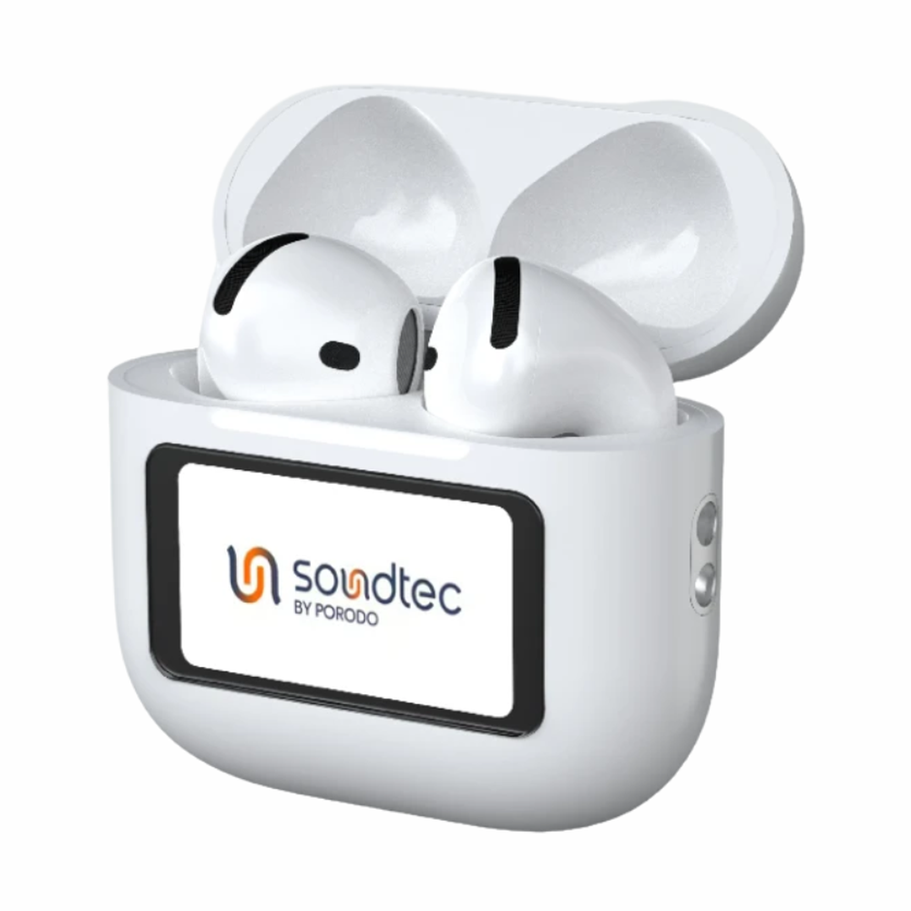 Side view of white Porodo Soundtec earbud case showing ports and glossy finish