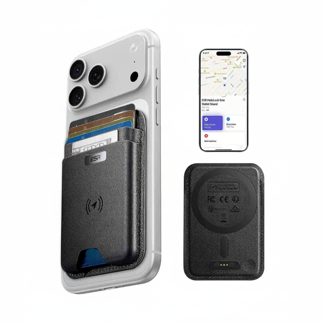 Black ESR Geo MagSafe wallet with Apple Find My app interface and magnetic accessory