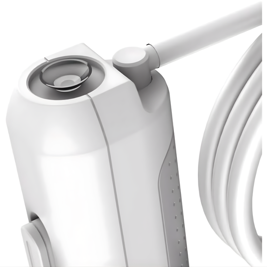 White portable bidet sprayer with textured grip and flexible hose