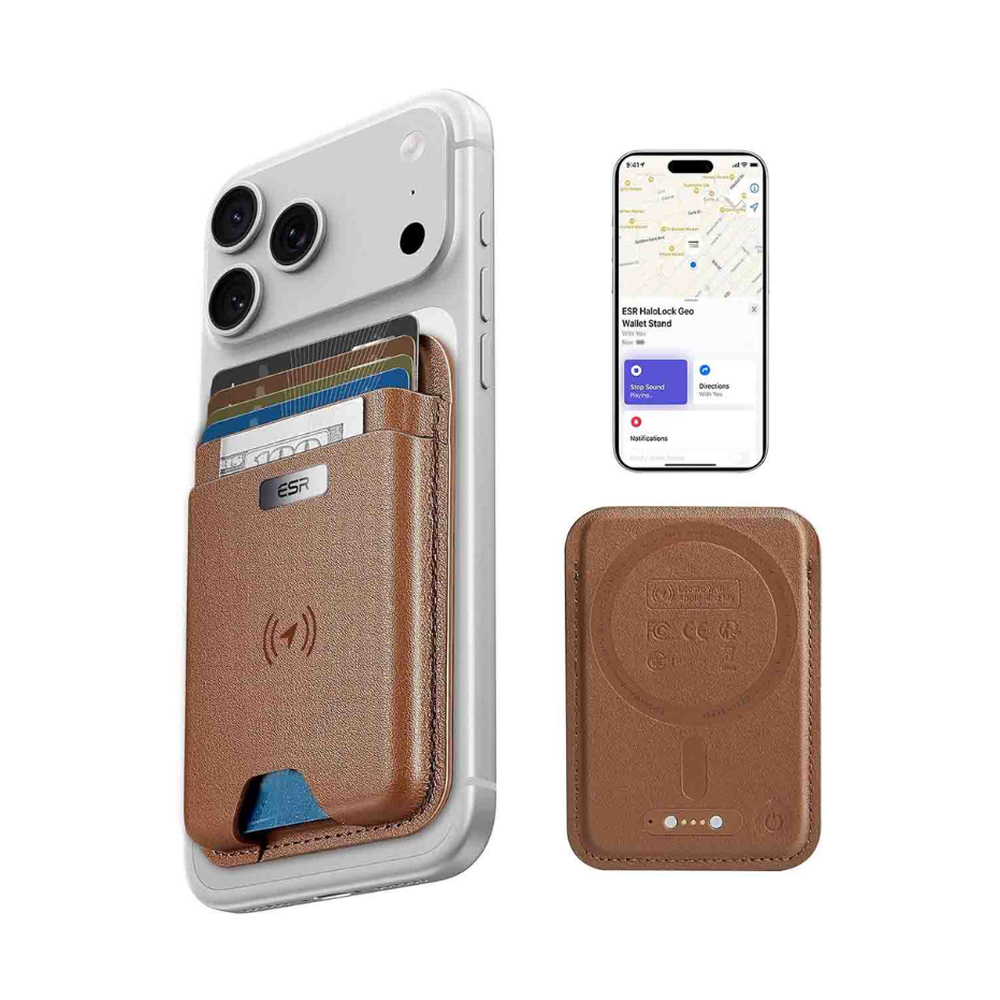 Tan ESR HaloLock Geo Wallet Stand with Apple Find My map integration display