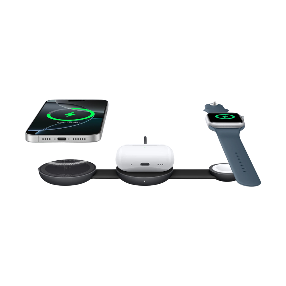 Black Anker 3-in-1 foldable Qi2 wireless charging station for iPhone, AirPods, and Apple Watch