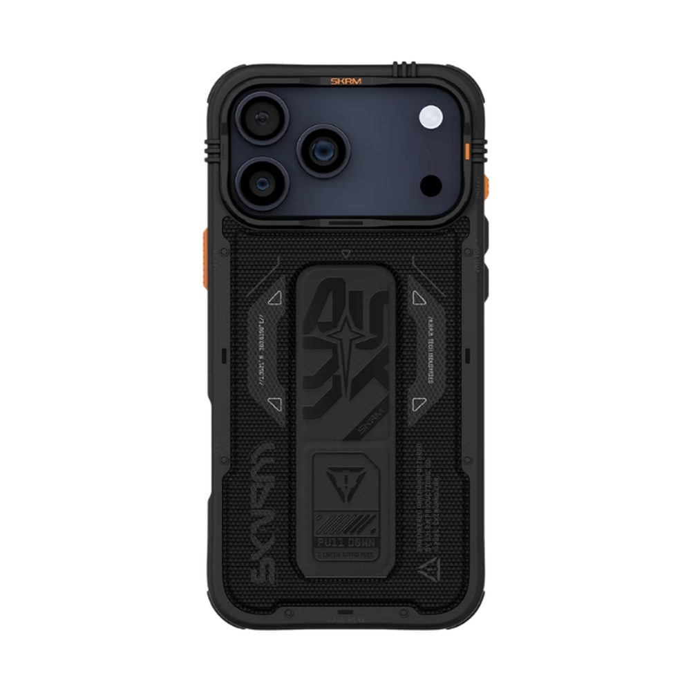 Black Skinarma iPhone 17 Phantom case featuring dark gray camera frame and geometric line texture details