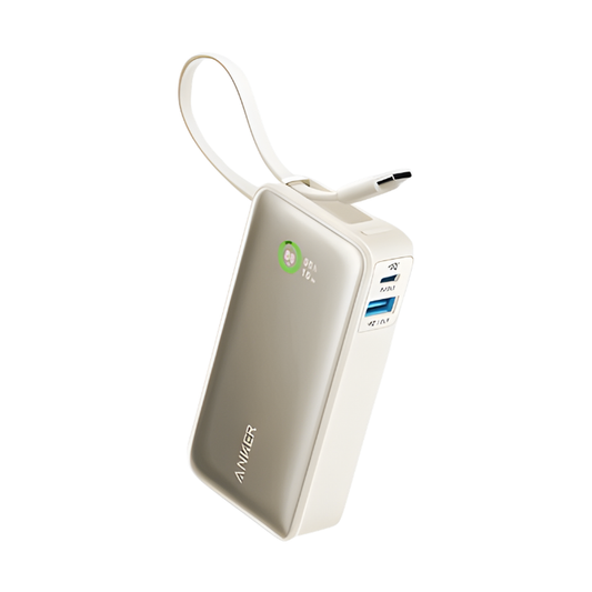 Beige Anker 30W power bank featuring integrated white USB-C cable and PD/FC ports