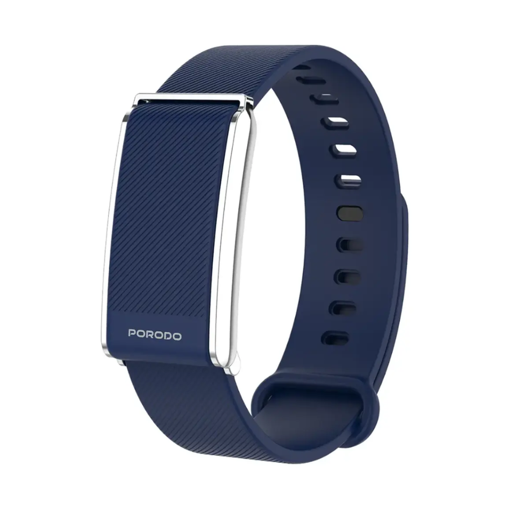 Navy blue Porodo smart fitness band with diagonal ribbed silicone strap and silver frame