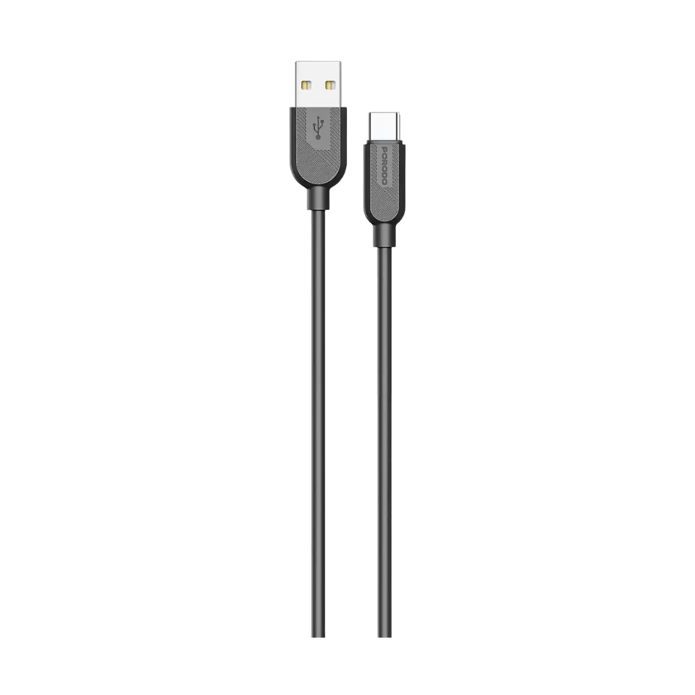 Black 1m Porodo USB-A to USB-C cable with premium silicone exterior and gold-plated connectors