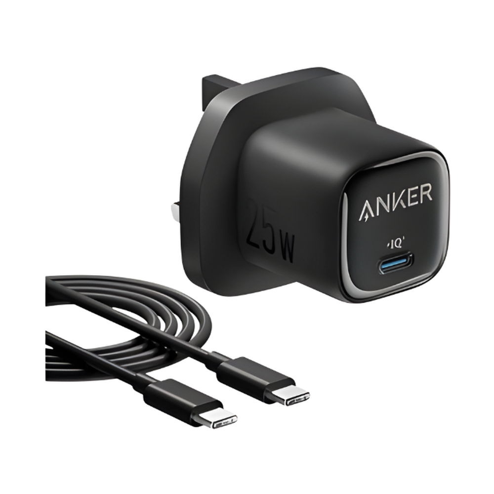 Black Anker 25W wall charger with dual USB-C cable