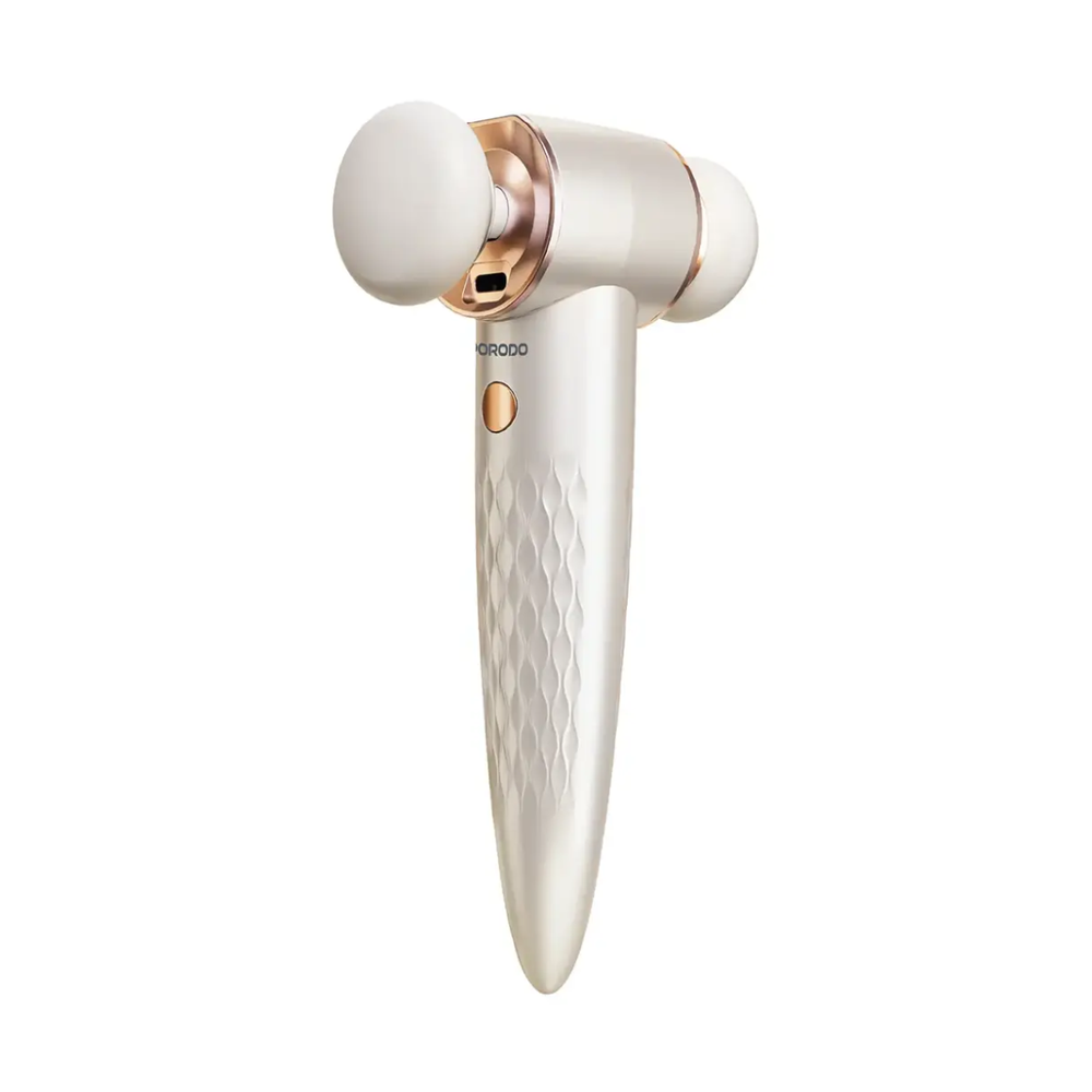 Porodo white magnetic dual-head electric beauty blender with rose gold accents and diamond-grip handle
