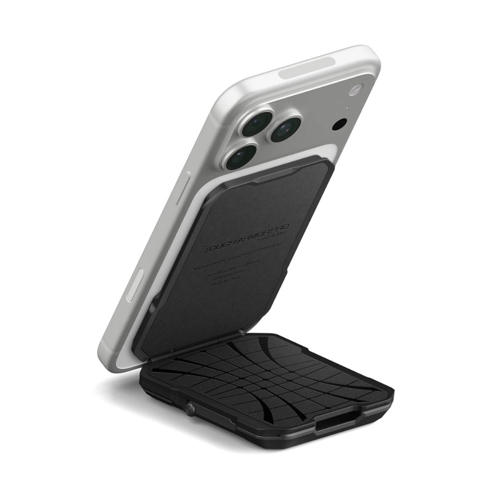 Close-up of black Spigen wallet interior with TOUGH ARMOR PRO text and grid texture