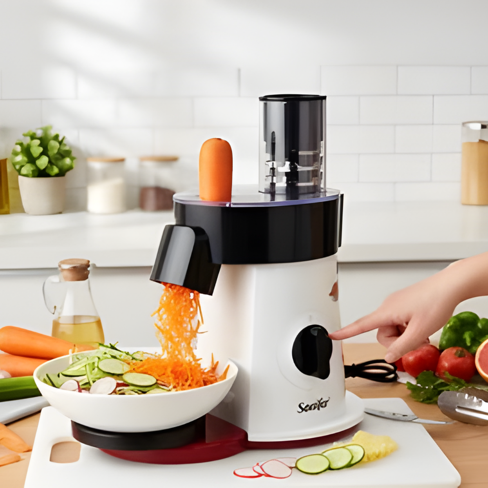 Soniko electric vegetable slicer shredding carrots with 200W motor
