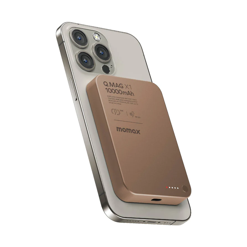 Bronze Momax Q.MAG X1 10000mAh magnetic wireless charger on diagonal white background