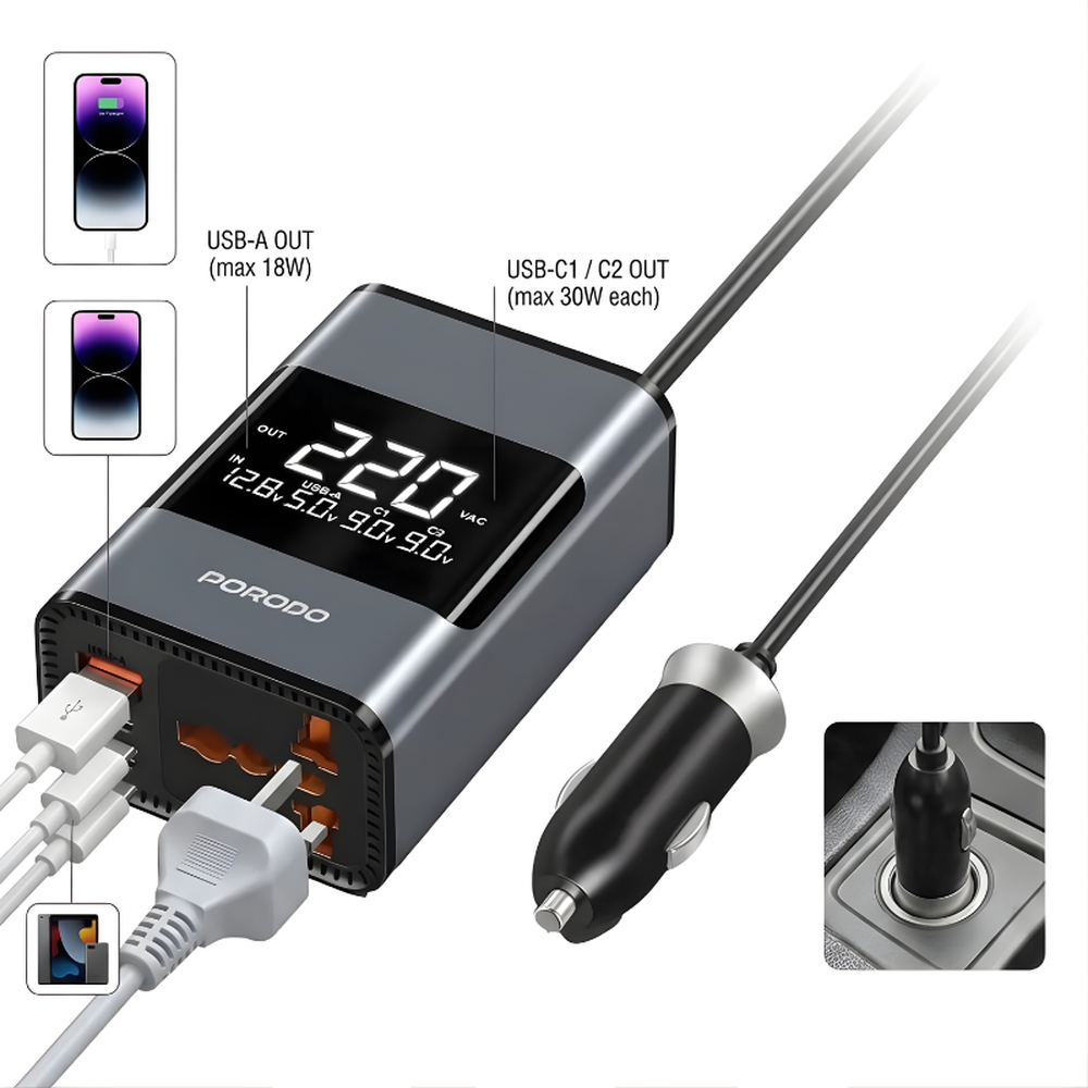Porodo 200W battery converter with USB-C, USB-A, and AC outlet ports