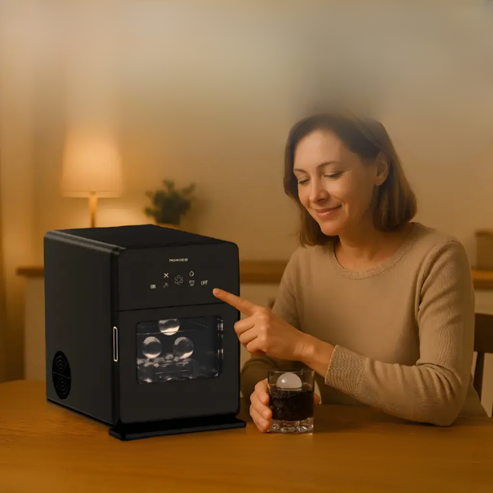 Woman using Porodo instant ice maker control panel with glass of cocktail