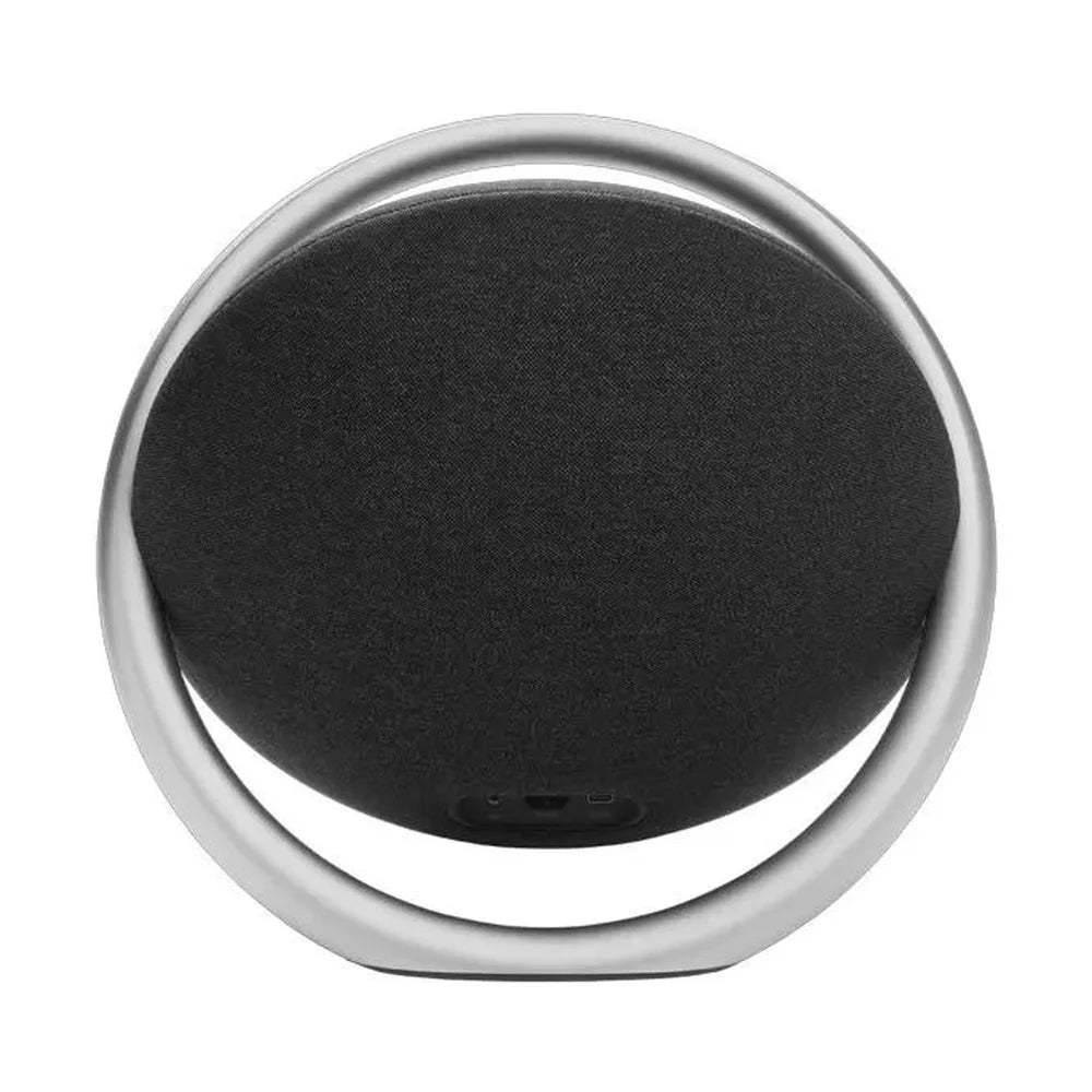 Harman Kardon circular portable speaker black fabric grille silver frame top view