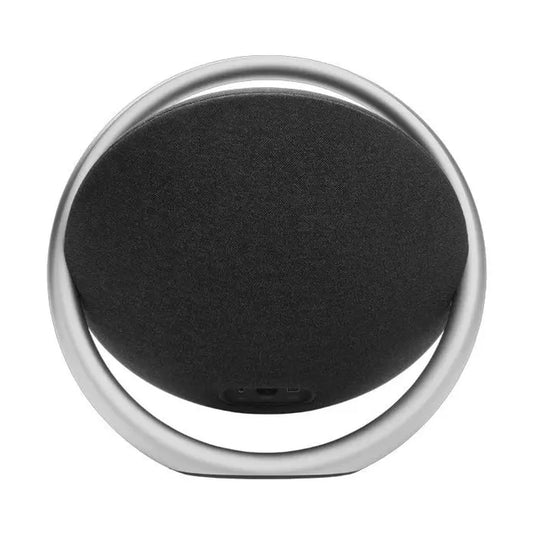 Harman Kardon circular portable speaker black fabric grille silver frame top view