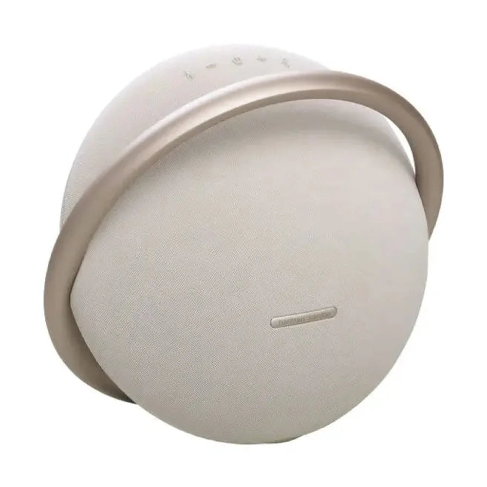 Beige Harman Kardon portable speaker with metallic handle and embossed controls side view