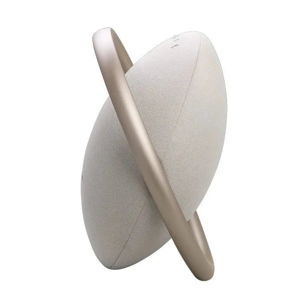 Light beige Harman Kardon speaker curved metallic handle wrap profile angle